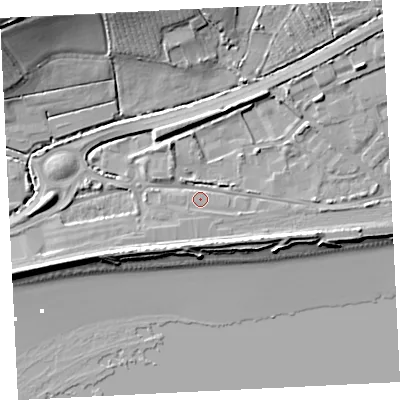 Shaded relief map of the ground around TR208HT, computed from Environment Agency LiDAR. The ground here sits at about 5 m above sea level and falls 23 m across the surrounding 800 m. Surface water reaching this point runs off ground lying to the north-north-east, 5.4 m higher.