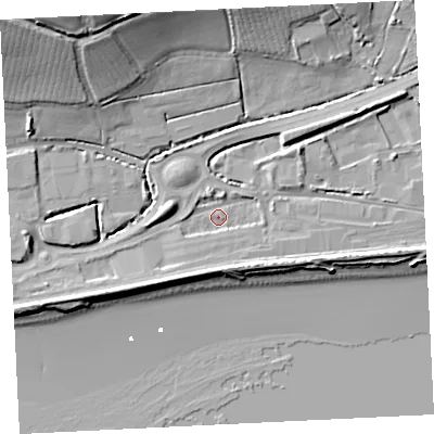 Shaded relief map of the ground around TR208HW, computed from Environment Agency LiDAR. The ground here sits at about 4 m above sea level and falls 24 m across the surrounding 800 m. Surface water reaching this point runs off ground lying to the north-east, 6.8 m higher.