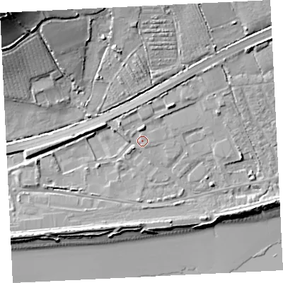 Shaded relief map of the ground around TR208HX, computed from Environment Agency LiDAR. The ground here sits at about 7 m above sea level and falls 37 m across the surrounding 800 m. Surface water reaching this point runs off ground lying to the north, 1.7 m higher.