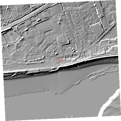 Shaded relief map of the ground around TR208HZ, computed from Environment Agency LiDAR. The ground here sits at about 5 m above sea level and falls 13 m across the surrounding 800 m. Surface water reaching this point runs off ground lying to the south-south-west, 2.0 m higher.