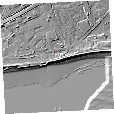 Shaded relief map of the ground around TR208JA, computed from Environment Agency LiDAR. The ground here sits at about 5 m above sea level and falls 12 m across the surrounding 800 m. Surface water reaching this point runs off ground lying to the south-south-east, 4.0 m higher.