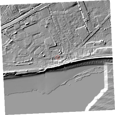 Shaded relief map of the ground around TR208JB, computed from Environment Agency LiDAR. The ground here sits at about 5 m above sea level and falls 13 m across the surrounding 800 m. Surface water reaching this point runs off ground lying to the north-north-west, 7.1 m higher.