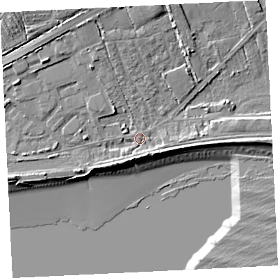 Shaded relief map of the ground around TR208JD, computed from Environment Agency LiDAR. The ground here sits at about 5 m above sea level and falls 13 m across the surrounding 800 m. Surface water reaching this point runs off ground lying to the north-north-west, 7.1 m higher.