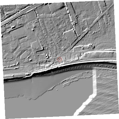 Shaded relief map of the ground around TR208JF, computed from Environment Agency LiDAR. The ground here sits at about 4 m above sea level and falls 13 m across the surrounding 800 m. Surface water reaching this point runs off ground lying to the north-north-west, 7.1 m higher.