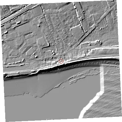 Shaded relief map of the ground around TR208JG, computed from Environment Agency LiDAR. The ground here sits at about 5 m above sea level and falls 13 m across the surrounding 800 m. Surface water reaching this point runs off ground lying to the north-north-west, 7.1 m higher.