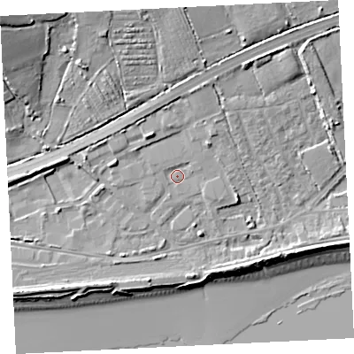 Shaded relief map of the ground around TR208JH, computed from Environment Agency LiDAR. The ground here sits at about 6 m above sea level and falls 23 m across the surrounding 800 m. Surface water reaching this point runs off ground lying to the north-north-east, 4.8 m higher.