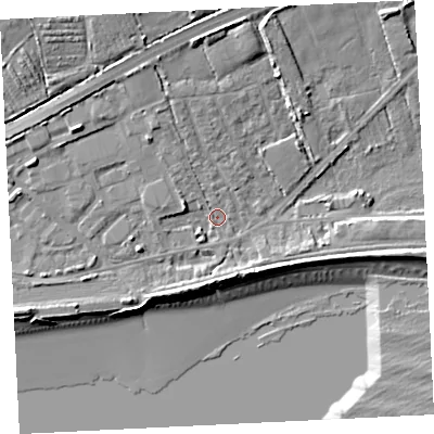 Shaded relief map of the ground around TR208JJ, computed from Environment Agency LiDAR. The ground here sits at about 5 m above sea level and falls 15 m across the surrounding 800 m. Surface water reaching this point runs off ground lying to the north-north-west, 4.3 m higher.