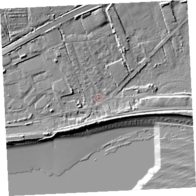 Shaded relief map of the ground around TR208JL, computed from Environment Agency LiDAR. The ground here sits at about 5 m above sea level and falls 14 m across the surrounding 800 m. Surface water reaching this point runs off ground lying to the north-north-west, 4.7 m higher.