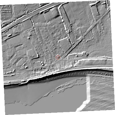Shaded relief map of the ground around TR208JN, computed from Environment Agency LiDAR. The ground here sits at about 5 m above sea level and falls 15 m across the surrounding 800 m. Surface water reaching this point runs off ground lying to the north-west, 5.0 m higher.