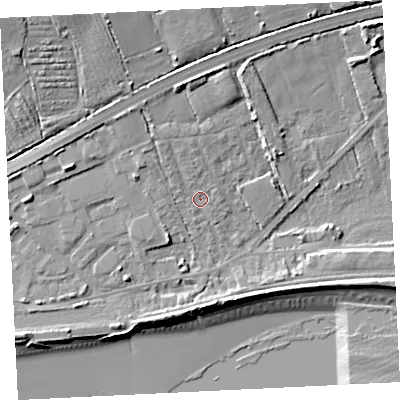 Shaded relief map of the ground around TR208JP, computed from Environment Agency LiDAR. The ground here sits at about 6 m above sea level and falls 18 m across the surrounding 800 m. Surface water reaching this point runs off ground lying to the north-west, 3.2 m higher.