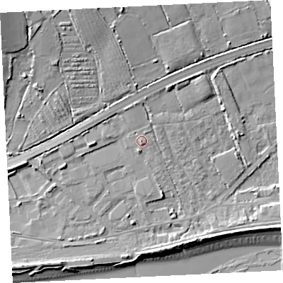 Shaded relief map of the ground around TR208JQ, computed from Environment Agency LiDAR. The ground here sits at about 9 m above sea level and falls 23 m across the surrounding 800 m. Surface water reaching this point runs off ground lying to the south-south-east, 1.1 m higher.