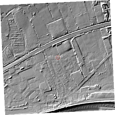 Shaded relief map of the ground around TR208JR, computed from Environment Agency LiDAR. The ground here sits at about 8 m above sea level and falls 21 m across the surrounding 800 m. Surface water reaching this point runs off ground lying to the north, 3.9 m higher.
