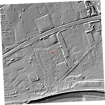 Shaded relief map of the ground around TR208JS, computed from Environment Agency LiDAR. The ground here sits at about 8 m above sea level and falls 20 m across the surrounding 800 m. Surface water reaching this point runs off ground lying to the west, 1.7 m higher.