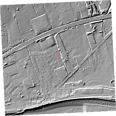 Shaded relief map of the ground around TR208JT, computed from Environment Agency LiDAR. The ground here sits at about 7 m above sea level and falls 20 m across the surrounding 800 m. Surface water reaching this point runs off ground lying to the north-west, 5.3 m higher.