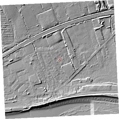 Shaded relief map of the ground around TR208JU, computed from Environment Agency LiDAR. The ground here sits at about 6 m above sea level and falls 19 m across the surrounding 800 m. Surface water reaching this point runs off ground lying to the north-west, 2.0 m higher.