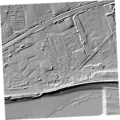 Shaded relief map of the ground around TR208JW, computed from Environment Agency LiDAR. The ground here sits at about 6 m above sea level and falls 17 m across the surrounding 800 m. Surface water reaching this point runs off ground lying to the north-north-west, 3.3 m higher.