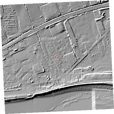Shaded relief map of the ground around TR208JY, computed from Environment Agency LiDAR. The ground here sits at about 6 m above sea level and falls 17 m across the surrounding 800 m. Surface water reaching this point runs off ground lying to the north-north-west, 2.6 m higher.