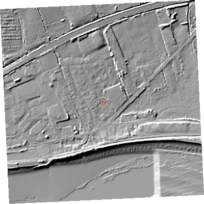 Shaded relief map of the ground around TR208JZ, computed from Environment Agency LiDAR. The ground here sits at about 5 m above sea level and falls 16 m across the surrounding 800 m. Surface water reaching this point runs off ground lying to the north-north-west, 3.6 m higher.