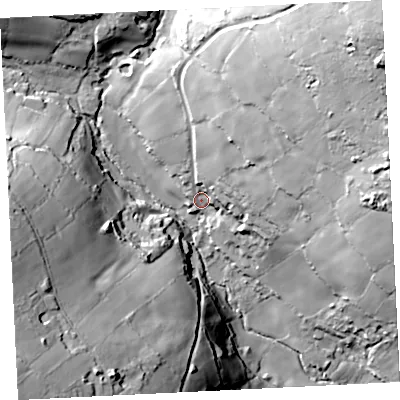 Shaded relief map of the ground around TR208NA, computed from Environment Agency LiDAR. The ground here sits at about 113 m above sea level and falls 73 m across the surrounding 800 m. Surface water reaching this point runs off ground lying to the north-east, 59.7 m higher.