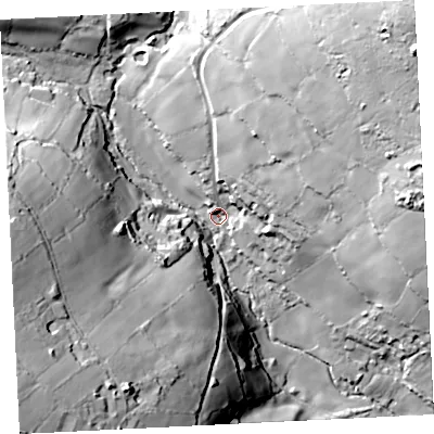 Shaded relief map of the ground around TR208NB, computed from Environment Agency LiDAR. The ground here sits at about 109 m above sea level and falls 74 m across the surrounding 800 m. Surface water reaching this point runs off ground lying to the north-east, 63.0 m higher.