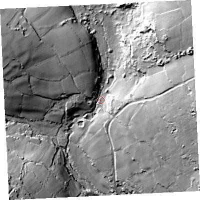 Shaded relief map of the ground around TR208NE, computed from Environment Agency LiDAR. The ground here sits at about 125 m above sea level and falls 61 m across the surrounding 800 m. Surface water reaching this point runs off ground lying to the east-north-east, 44.6 m higher.