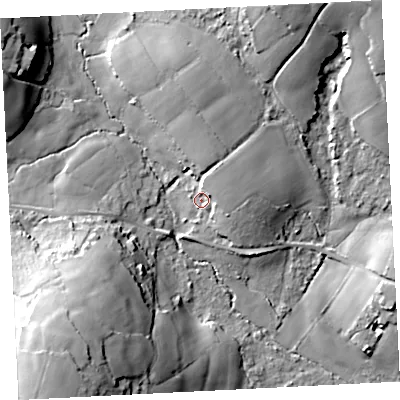Shaded relief map of the ground around TR208QL, computed from Environment Agency LiDAR. The ground here sits at about 112 m above sea level and falls 35 m across the surrounding 800 m. Surface water reaching this point runs off ground lying to the north-east, 7.9 m higher.