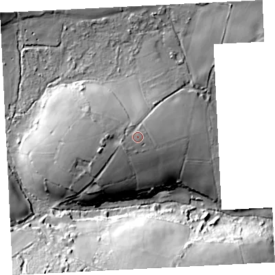 Shaded relief map of the ground around TR208QW, computed from Environment Agency LiDAR. The ground here sits at about 132 m above sea level and falls 34 m across the surrounding 800 m. Surface water reaching this point runs off ground lying to the west, 1.3 m higher.