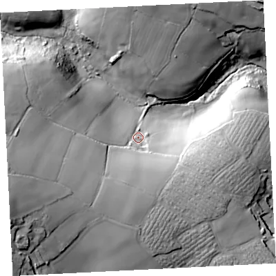 Shaded relief map of the ground around TR208RL, computed from Environment Agency LiDAR. The ground here sits at about 110 m above sea level and falls 51 m across the surrounding 800 m. Surface water reaching this point runs off ground lying to the south-south-west, 21.7 m higher.