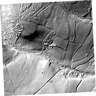 Shaded relief map of the ground around TR208UD, computed from Environment Agency LiDAR. The ground here sits at about 82 m above sea level and falls 59 m across the surrounding 800 m. Surface water reaching this point runs off ground lying to the north-north-west, 34.8 m higher.