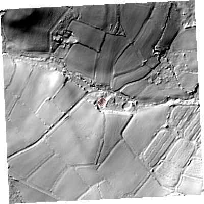 Shaded relief map of the ground around TR208UE, computed from Environment Agency LiDAR. The ground here sits at about 71 m above sea level and falls 46 m across the surrounding 800 m. Surface water reaching this point runs off ground lying to the west-south-west, 24.5 m higher.
