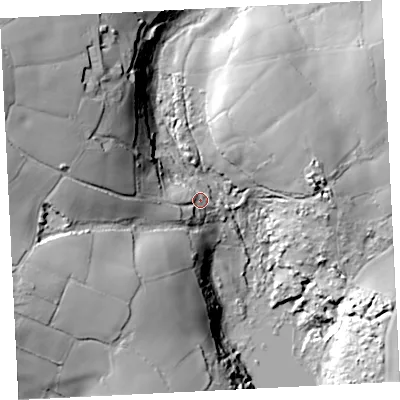 Shaded relief map of the ground around TR208UG, computed from Environment Agency LiDAR. The ground here sits at about 95 m above sea level and falls 44 m across the surrounding 800 m. Surface water reaching this point runs off ground lying to the west, 10.6 m higher.