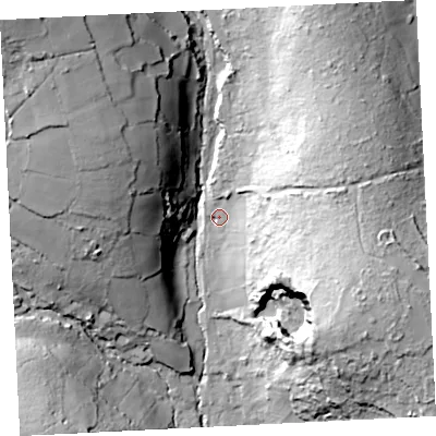 Shaded relief map of the ground around TR208UU, computed from Environment Agency LiDAR. The ground here sits at about 127 m above sea level and falls 56 m across the surrounding 800 m. Surface water reaching this point runs off ground lying to the east-north-east, 34.9 m higher.