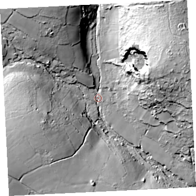Shaded relief map of the ground around TR208XN, computed from Environment Agency LiDAR. The ground here sits at about 115 m above sea level and falls 59 m across the surrounding 800 m. Surface water reaching this point runs off ground lying to the east-north-east, 50.4 m higher.