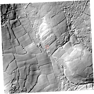 Shaded relief map of the ground around TR208XS, computed from Environment Agency LiDAR. The ground here sits at about 156 m above sea level and falls 44 m across the surrounding 800 m. Surface water reaching this point runs off ground lying to the north-north-east, 4.8 m higher.