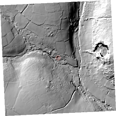 Shaded relief map of the ground around TR208XW, computed from Environment Agency LiDAR. The ground here sits at about 123 m above sea level and falls 52 m across the surrounding 800 m. Surface water reaching this point runs off ground lying to the north, 34.2 m higher.