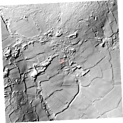 Shaded relief map of the ground around TR208XX, computed from Environment Agency LiDAR. The ground here sits at about 193 m above sea level and falls 64 m across the surrounding 800 m. Surface water reaching this point runs off ground lying to the north-west, 30.6 m higher.