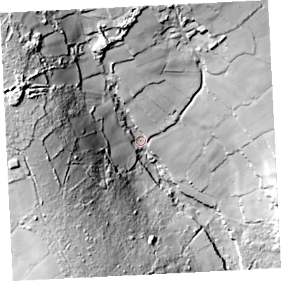 Shaded relief map of the ground around TR208XY, computed from Environment Agency LiDAR. The ground here sits at about 160 m above sea level and falls 83 m across the surrounding 800 m. Surface water reaching this point runs off ground lying to the north-west, 60.7 m higher.
