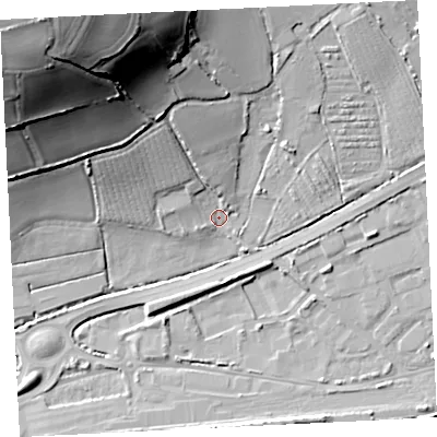 Shaded relief map of the ground around TR208YE, computed from Environment Agency LiDAR. The ground here sits at about 9 m above sea level and falls 62 m across the surrounding 800 m. Surface water reaching this point runs off ground lying to the north-west, 55.8 m higher.