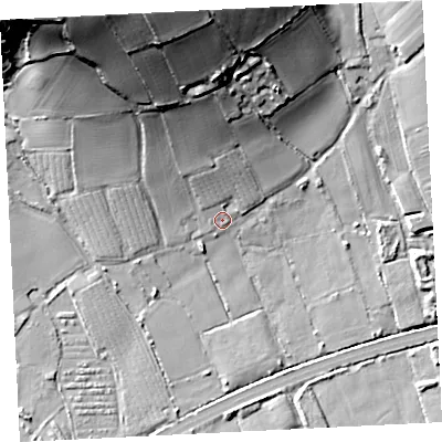 Shaded relief map of the ground around TR208YQ, computed from Environment Agency LiDAR. The ground here sits at about 18 m above sea level and falls 64 m across the surrounding 800 m. Surface water reaching this point runs off ground lying to the north-north-west, 47.1 m higher.