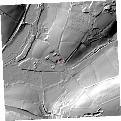 Shaded relief map of the ground around TR209BN, computed from Environment Agency LiDAR. The ground here sits at about 9 m above sea level and falls 40 m across the surrounding 800 m. Surface water reaching this point runs off ground lying to the north-north-east, 21.3 m higher.