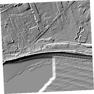 Shaded relief map of the ground around TR209DP, computed from Environment Agency LiDAR. The ground here sits at about 6 m above sea level and falls 13 m across the surrounding 800 m. Surface water reaching this point runs off ground lying to the west-south-west, 1.1 m higher.
