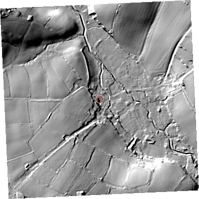 Shaded relief map of the ground around TR209EL, computed from Environment Agency LiDAR. The ground here sits at about 18 m above sea level and falls 41 m across the surrounding 800 m. Surface water reaching this point runs off ground lying to the south-west, 35.4 m higher.