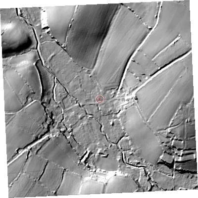 Shaded relief map of the ground around TR209EP, computed from Environment Agency LiDAR. The ground here sits at about 18 m above sea level and falls 50 m across the surrounding 800 m. Surface water reaching this point runs off ground lying to the north-east, 47.3 m higher.