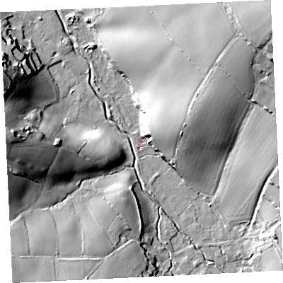 Shaded relief map of the ground around TR209ER, computed from Environment Agency LiDAR. The ground here sits at about 16 m above sea level and falls 45 m across the surrounding 800 m. Surface water reaching this point runs off ground lying to the north-east, 41.9 m higher.