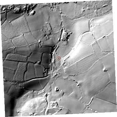 Shaded relief map of the ground around TR209JD, computed from Environment Agency LiDAR. The ground here sits at about 36 m above sea level and falls 43 m across the surrounding 800 m. Surface water reaching this point runs off ground lying to the east, 26.0 m higher.