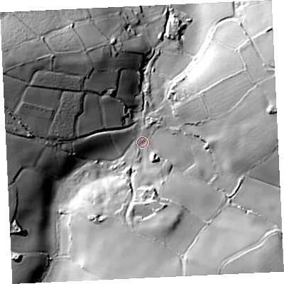 Shaded relief map of the ground around TR209JE, computed from Environment Agency LiDAR. The ground here sits at about 38 m above sea level and falls 43 m across the surrounding 800 m. Surface water reaching this point runs off ground lying to the west-north-west, 34.0 m higher.