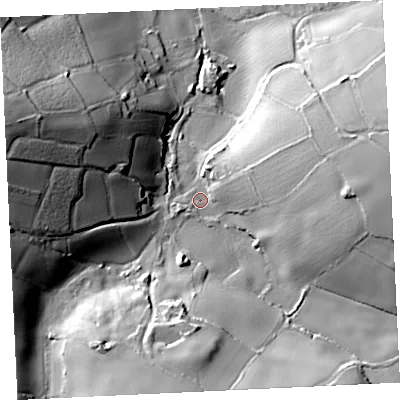 Shaded relief map of the ground around TR209JF, computed from Environment Agency LiDAR. The ground here sits at about 37 m above sea level and falls 41 m across the surrounding 800 m. Surface water reaching this point runs off ground lying to the east, 23.9 m higher.