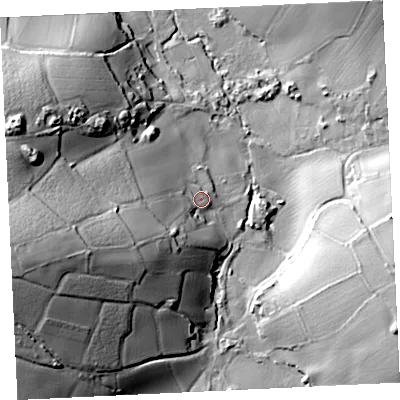 Shaded relief map of the ground around TR209JG, computed from Environment Agency LiDAR. The ground here sits at about 37 m above sea level and falls 49 m across the surrounding 800 m. Surface water reaching this point runs off ground lying to the west-south-west, 29.9 m higher.
