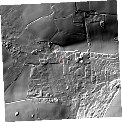 Shaded relief map of the ground around TR209LB, computed from Environment Agency LiDAR. The ground here sits at about 40 m above sea level and falls 43 m across the surrounding 800 m. Surface water reaching this point runs off ground lying to the east, 9.4 m higher.