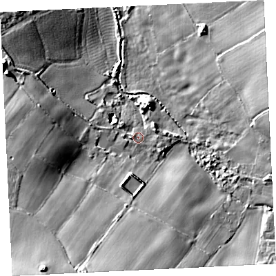Shaded relief map of the ground around TR209LD, computed from Environment Agency LiDAR. The ground here sits at about 31 m above sea level and falls 25 m across the surrounding 800 m. Surface water reaching this point runs off ground lying to the south-south-west, 18.3 m higher.